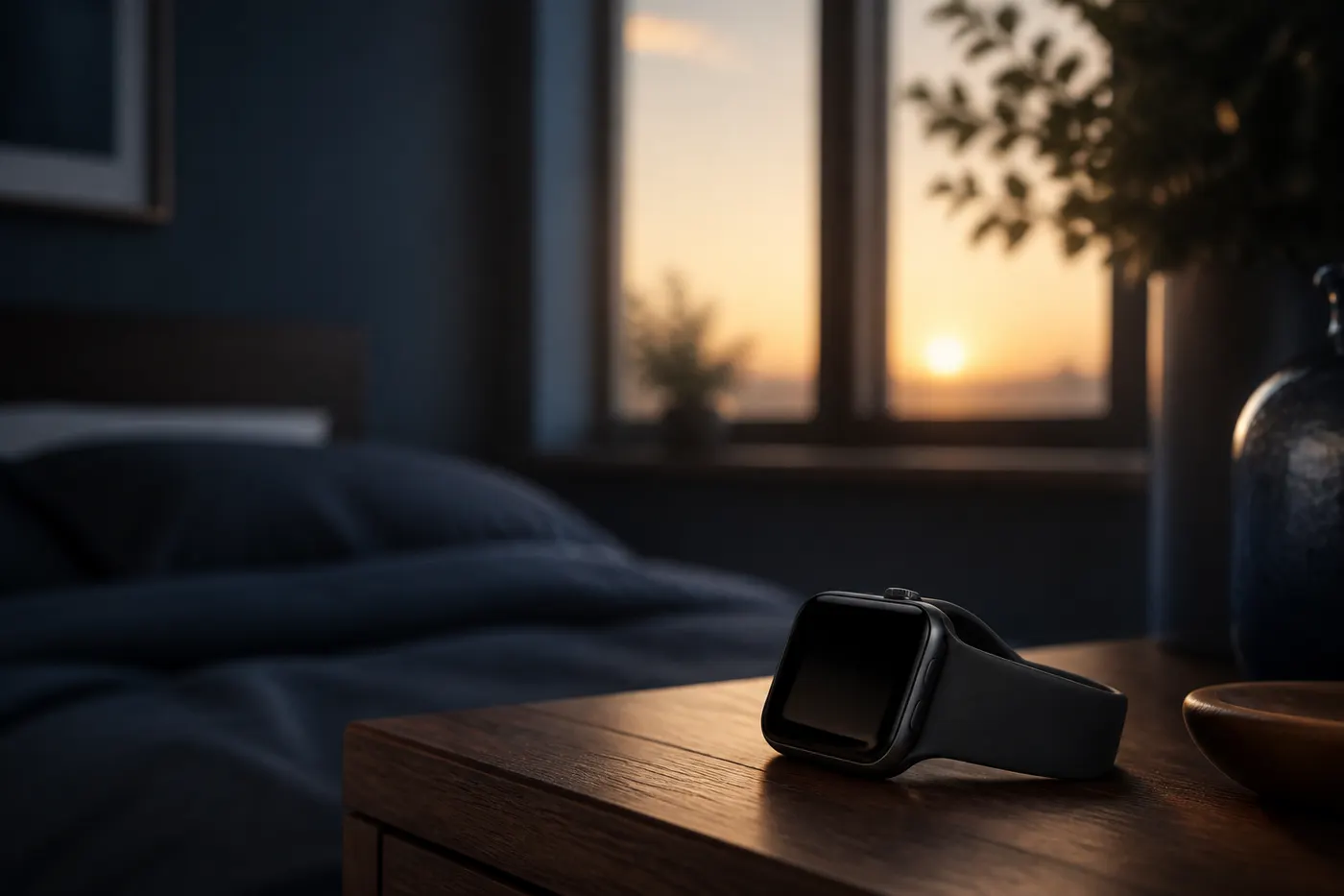 Montre connectée sur une table de chevet au petit matin